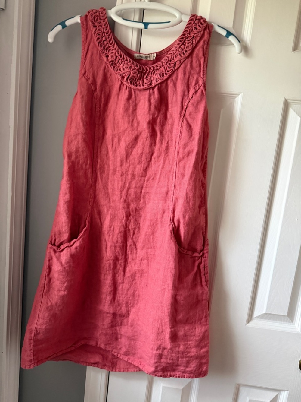 Sleeveless Crochet-Trim Linen Dress in Coral Pink